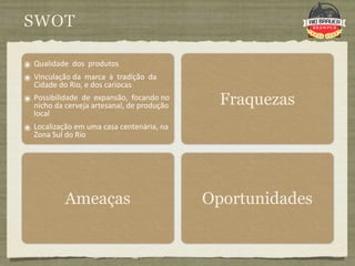 SWOT

๏ Qualidade  dos  produtos
๏ Vinculação da  marca  à  tradição  da 
   Cidade do Rio, e dos cariocas
๏ Possibilidade  de  expansão,  focando no 
   nicho da cerveja artesanal, de produção      Fraquezas
   local
๏ Localização em uma casa centenária, na 
   Zona Sul do Rio




            Ameaças                           Oportunidades
 