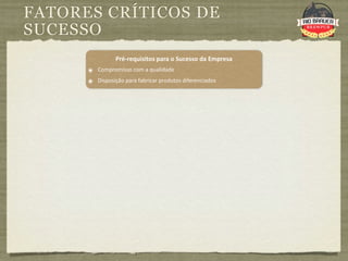 FATORES CRÍTICOS DE
SUCESSO
                Pré‐requisitos para o Sucesso da Empresa
      ๏ Compromisso com a qualidade
      ๏ Disposição para fabricar produtos diferenciados
 
