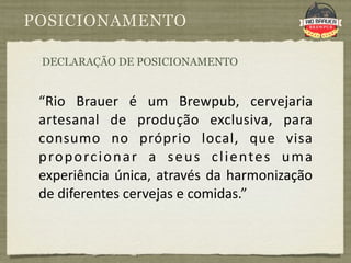 POSICIONAMENTO

 DECLARAÇÃO DE POSICIONAMENTO


 “Rio  Brauer  é  um  Brewpub,  cervejaria 
 artesanal  de  produção  exclusiva,  para 
 consumo  no  próprio  local,  que  visa 
 p ro p o rc i o n a r  a  s e u s  c l i e nte s  u m a 
 experiência  única,  através  da  harmonização 
 de diferentes cervejas e comidas.”
 
