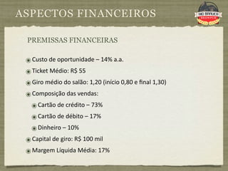 ASPECTOS FINANCEIROS

 PREMISSAS FINANCEIRAS

 ๏ Custo de oportunidade – 14% a.a.
 ๏ Ticket Médio: R$ 55
 ๏ Giro médio do salão: 1,20 (início 0,80 e ﬁnal 1,30) 
 ๏ Composição das vendas:
  ๏ Cartão de crédito – 73%
  ๏ Cartão de débito – 17%
  ๏ Dinheiro – 10%
 ๏ Capital de giro: R$ 100 mil
 ๏ Margem Líquida Média: 17%
 