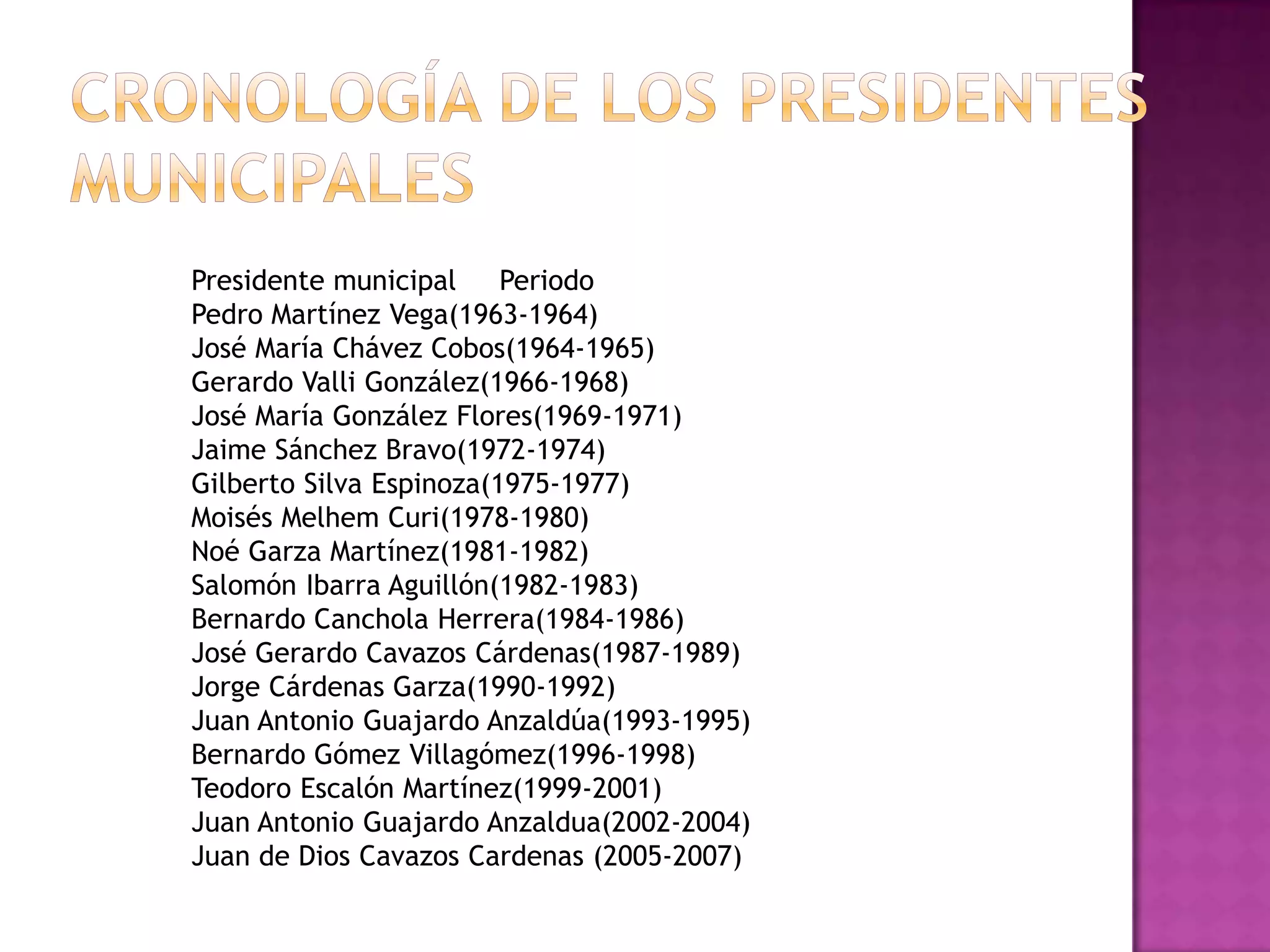 Cronología de los Presidentes Municipales Presidente municipal     PeriodoPedro Martínez Vega(1963-1964)José María Chávez Cobos(1964-1965)Gerardo ValliGonzález(1966-1968)José María González Flores(1969-1971)Jaime Sánchez Bravo(1972-1974)Gilberto Silva Espinoza(1975-1977)Moisés MelhemCuri(1978-1980)Noé Garza Martínez(1981-1982)Salomón Ibarra Aguillón(1982-1983)Bernardo CancholaHerrera(1984-1986)José Gerardo Cavazos Cárdenas(1987-1989)Jorge Cárdenas Garza(1990-1992)Juan Antonio Guajardo Anzaldúa(1993-1995)Bernardo Gómez Villagómez(1996-1998)Teodoro Escalón Martínez(1999-2001)Juan Antonio Guajardo Anzaldua(2002-2004)Juan de Dios Cavazos Cardenas (2005-2007)