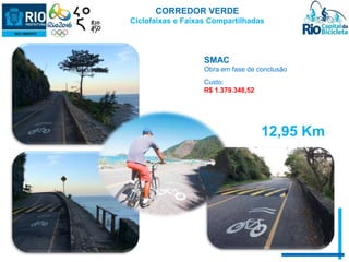 CORREDOR VERDE 
Ciclofaixas e Faixas Compartilhadas 
SMAC 
Obra em fase de conclusão 
Custo: 
R$ 1.379.348,52 
12,95 Km 
 