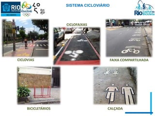 CICLOVIAS 
SISTEMA CICLOVIÁRIO 
CICLOFAIXAS 
FAIXA COMPARTILHADA 
BICICLETÁRIOS CALÇADA 
 