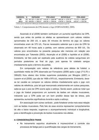 Tabela 1- Comportamento da CPK durante o Jogo (FORNAZIEIRO, 2009).


       Ascensão et al (2008) também verificaram um aumento significativo da CPK,
sendo que antes da partida os atletas se apresentavam com valores médios
aproximados de 200 U/L e após 30 minutos do término do jogo os valores
encontrados eram de 375 U/L. Faz-se necessário salientar que o pico da CPK foi
observado em 48 horas após a partida, com valores próximos de 800 U/L. Os
valores pico encontrados na presente pesquisa são menores em relação aos
encontrados por Takarada (2003), Ascenção et al (2008) e Ispirlidis et al (2008).
Entretanto, tal fato pode ser explicado pela ausência de coletas sanguíneas em
períodos posteriores ao final do jogo, pois apenas foi coletado sangue
imediatamente após o término da partida.
       Em comparação com valores de referência para atletas de futebol, a
quantidade média de CPK observada por Fornazieiro (2009) após o jogo (713,70 ±
308±20) ficou abaixo dos limites superiores postulados por Mougios (2007) e
Lazarim et al (2009), que são de 1498 e 975 U/L, respectivamente. Entretanto, deve-
se ter cautela ao comparar os valores obtidos imediatamente após o jogo com
valores de referência, pois tal qual mencionado anteriormente em outras pesquisas,
sabe-se que o pico da CPK ocorre após o esforço. Sendo assim, pode-se notar que
o jogo de futebol proporciona um aumento de lesões em células musculares,
indicando que a CPK pode ser um bom preditor desse tipo de stress, pois
apresentou aumentos significativos durante e após o esforço.
       Em associação com outras variáveis , pode fortalecer ainda mais essa relação
com as lesões musculares. Pelo fato de essa enzima representar comportamentos
de alta e baixa resposta, sugere-se o acompanhamento individual e longitudinal,
para a identificação e prevenção de lesões musculares nos atletas.


4- CONSIDERAÇÕES FINAIS
   •   No treinamento esportivo atualmente é imprescindível o controle dos
       processos de fadiga para a quantificação das cargas de treinamento.
 