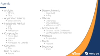 Agenda
• Analytics
• Athena
• Glue
• Application Services
• Step Functions
• Inteligência Artificial
• LEX
• Polly
• Rekognition
• Computação
• Novas EC2s
• Lightsail
• Batch
• Novidades no Lambda
• Containers
• Blox
• Base de dados
• Aurora
• Desenvolvimento
• CodeBuild
• X-Ray
• Híbrido
• Greengrass
• Snowball Edge
• VMware on AWS
• Gerenciamento
• Personal Health Dashboard
• OpsWorks for Chef Automate
• Migração
• Snowmobile
• Mobile
• Pinpoint
• Segurança
• Shield
 