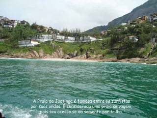 A Praia da Joatinga é famosa entre os surfistas  por suas ondas. É considerada uma praia selvagem,  pois seu acesso se dá somente por trilha.  