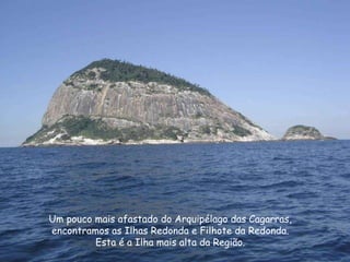 Um pouco mais afastado do Arquipélago das Cagarras,  encontramos as Ilhas Redonda e Filhote da Redonda.  Esta é a Ilha mais alta da Região.  