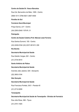 Centro de Saúde Dr. Vasco Barcelos
Rua Cel. Bernardino de Melo, 1895 - Centro
2698-1011/ 2768-5921/ 2667-4559
Paraíba do Sul
Farmácia Geral Municipal
Praça Garcia, s/nº - Centro
(24) 2263-2540/ 1579 R. 31
Petrópolis
Centro de Saúde Coletiva Prof. Manoel José Ferreira
Rua Santos Dumont, 100 - Centro
(24) 2246-9194/ (24) 2237-3616 R. 208
Rio Bonito
Secretaria Municipal de Saúde
Rua Getúlio Vargas, 691 - Centro
(21) 2734-0610
Santo Antônio de Pádua
Secretaria Municipal de Saúde
Avenida João Jasbick, 520 - Aeroporto
(22) 3853-3194
São Gonçalo
Secretaria Municipal de Saúde
Rua Francisco Portela, 2421 - Parada 40
(21) 2712-5009
Teresópolis
Secretaria Municipal de Saúde de Teresópolis - Divisão de Farmácia
Rua Júlio Rosa, 366 - Tijuca
(21) 2741-1925

 