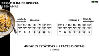 RESUMO DA PROPOSTA
2 SEMANAS
SEMANA 1
13/
ago
14/
ago
15/
ago
16/
ago
17/
ago
18/
ago
19/
ago
T Q Q S S D S
20/
ago
21/
ago
22/
ago
23/
ago
24/
ago
25/
ago
26/
ago
T Q Q S S D S
SEMANA 2
40 FACES ESTÁTICAS + 5 FACES DIGITAIS
Início da
veiculação
Final da
veiculação
(2 SEMANAS)
 