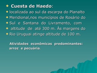   Cuesta de Haedo :  localizada ao sul da escarpa do Planalto  Meridional,nos municípios de Rosário do  Sul  e  Santana  do  Livramento,  com    altitude  de  até 300 m. Às margens do  Rio Uruguai atinge altitude de 100 m.   Atividades  econômicas  predominantes:   arroz  e pecuária . 