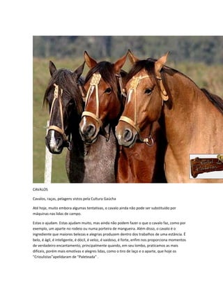 CAVALOS
Cavalos, raças, pelagens vistos pela Cultura Gaúcha
Até hoje, muito embora algumas tentativas, o cavalo ainda não pode ser substituído por
máquinas nas lidas de campo.
Estas o ajudam. Estas ajudam muito, mas ainda não podem fazer o que o cavalo faz, como por
exemplo, um aparte no rodeio ou numa porteira de mangueira. Além disso, o cavalo é o
ingrediente que maiores belezas e alegrias produzem dentro dos trabalhos de uma estância. Ë
belo, é ágil, é inteligente, é dócil, é veloz, é vaidoso, é forte, enfim nos proporciona momentos
de verdadeiro encantamento, principalmente quando, em seu lombo, praticamos as mais
difíceis, porém mais emotivas e alegres lidas, como o tiro de laço e o aparte, que hoje os
"Crioulistas"apelidaram de "Paleteada" .
 