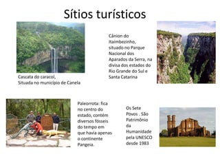 Sítios turísticos

Cascata do caracol,
Situada no município de Canela

Cânion do
Itaimbezinho,
situado no Parque
Nacional dos
Aparados da Serra, na
divisa dos estados do
Rio Grande do Sul e
Santa Catarina

Paleorrota: fica
no centro do
estado, contém
diversos fósseis
do tempo em
que havia apenas
o continente
Pangeia.

Os Sete
Povos . São
Patrimônio
da
Humanidade
pela UNESCO
desde 1983

 