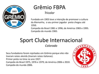 Grêmio FBPA
Tricolor
Fundado em 1903 teve a intenção de promover a cultura
da Alemanha, o seu primer jogador preto chegou até
1950.
Campeão do Brasil 1981 e 1996; de América 1983 e 1995.
Campeão do mundo 1983.

Sport Clube Internacional
Colorado
Seus fundadores foram rejeitados em Grêmio porque eles não
tiveram raízes alemãs (tiveram raízes italianas).
Primer preto no time no ano 1927.
Campeão do Brasil 1975, 1976 e 1979; de América 2006 e 2010.
Campeão do mundo 2006.

 