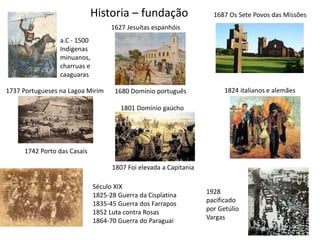 Historia – fundação

1687 Os Sete Povos das Missões

1627 Jesuítas espanhóis
a.C - 1500
Indígenas
minuanos,
charruas e
caaguaras
1737 Portugueses na Lagoa Mirim

1680 Domínio português

1824 italianos e alemães

1801 Domínio gaúcho

1742 Porto das Casais

1807 Foi elevada a Capitania
Século XIX
1825-28 Guerra da Cisplatina
1835-45 Guerra dos Farrapos
1852 Luta contra Rosas
1864-70 Guerra do Paraguai

1928
pacificado
por Getúlio
Vargas

 