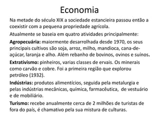 Economia
Na metade do século XIX a sociedade estancieira passou então a
coexistir com a pequena propriedade agrícola.
Atualmente se baseia em quatro atividades principalmente:
Agropecuária: maiormente desarrolhada desde 1970, os seus
principais cultivos são soja, arroz, milho, mandioca, cana-deaçúcar, laranja e alho. Além rebanho de bovinos, ovinos e suínos.
Extrativismo: pinheiros, varias classes de ervais. Os minerais
como carvão e cobre. Foi a primeira região que explorou
petróleo (1932).
Indústrias: produtos alimentícios, seguida pela metalurgia e
pelas indústrias mecânicas, química, farmacêutica, de vestuário
e de mobiliário.
Turismo: recebe anualmente cerca de 2 milhões de turistas de
fora do país, é chamativo pela sua mistura de culturas.

 
