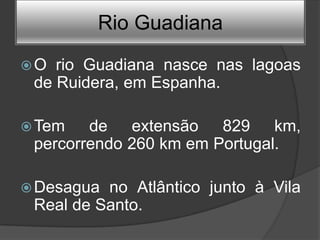 Rio Guadiana
O  rio Guadiana nasce nas lagoas
 de Ruidera, em Espanha.

 Tem   de extensão 829 km,
 percorrendo 260 km em Portugal.

 Desagua no Atlântico junto à Vila
 Real de Santo.
 