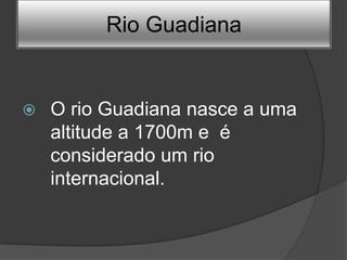 Rio Guadiana
        Rio Guadiana


   O rio Guadiana nasce a uma
    altitude a 1700m e é
    considerado um rio
    internacional.
 
