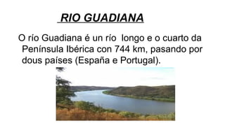 RIO GUADIANA
O río Guadiana é un río longo e o cuarto da
Península Ibérica con 744 km, pasando por
dous países (España e Portugal).

 