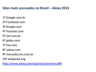 Sites	
  mais	
  acessados	
  no	
  Brasil	
  –	
  Alexa	
  2015	
  
	
  
1º	
  Google.com.br	
  
2º	
  Facebook.com	
  
3...