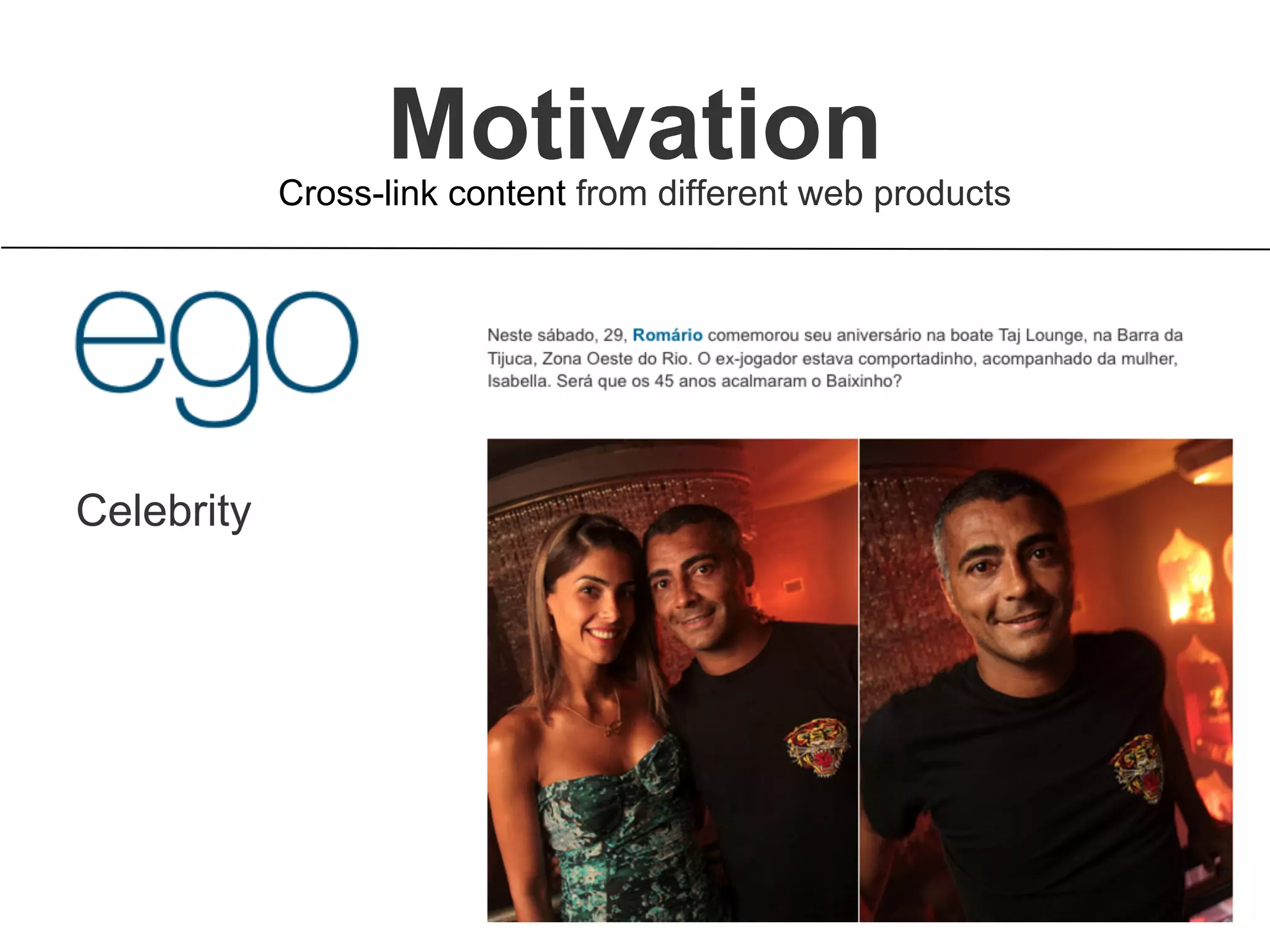 Celebrity
Motivation
● Cross-link content from different web products
MotivationCross-link content from different web products
 