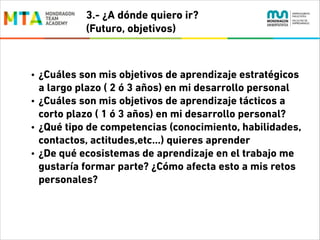 3.- ¿A dónde quiero ir?
(Futuro, objetivos)

•
•
•
•

¿Cuáles son mis objetivos de aprendizaje estratégicos
a largo plazo ( 2 ó 3 años) en mi desarrollo personal
¿Cuáles son mis objetivos de aprendizaje tácticos a
corto plazo ( 1 ó 3 años) en mi desarrollo personal?
¿Qué tipo de competencias (conocimiento, habilidades,
contactos, actitudes,etc…) quieres aprender
¿De qué ecosistemas de aprendizaje en el trabajo me
gustaría formar parte? ¿Cómo afecta esto a mis retos
personales?

 