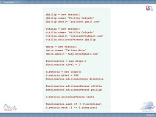 phillip = new Pessoa() phillip.nome= "Phillip Calçado" phillip.email= "pcalcado.gmail.com" ottilia = new Pessoa() ottilia.nome= "Ottília Calçado" ottilia.email= "ocalcado@hotmail.com" ottilia.adicionarParente phillip tmota = new Pessoa() tmota.nome= "Tatiana Mota" tmota.email= "taty.mota@gmail.com" funcionarios = new Grupo() funcionarios.nivel = 1 diretoria = new Grupo() diretoria.nivel = 999 funcionarios.adicionarGrupo diretoria funcionarios.adicionarPessoa ottilia funcionarios.adicionarPessoa phillip diretoria.adicionarPessoa tmota funcionarios.each {f -> f.autorizar} diretoria.each {f -> f.autorizar} 
