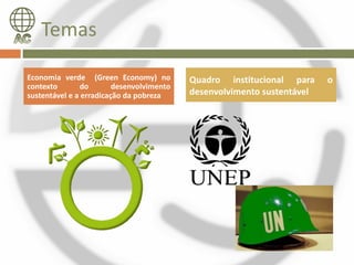 Temas

Economia verde (Green Economy) no          Quadro institucional para     o
contexto       do        desenvolvimento
sustentável e a erradicação da pobreza     desenvolvimento sustentável
 