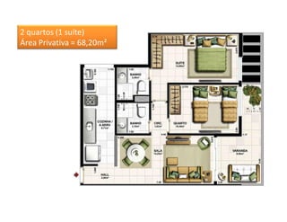 2 quartos (1 suíte)
Área Privativa = 68,20m²
 