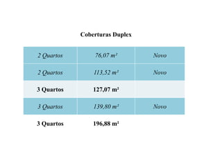 Coberturas Duplex


2 Quartos       76,07 m²        Novo

2 Quartos       113,52 m²       Novo

3 Quartos       127,07 m²

3 Quartos       139,80 m²       Novo

3 Quartos       196,88 m²
 