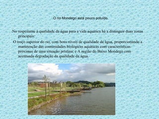 O rio Mondego está pouco poluído. No respeitante à qualidade da água para a vida aquática há a distinguir duas zonas principais: O troço superior do rio, com bons níveis de qualidade da água, proporcionando a manutenção das comunidades biológicas aquáticas com características próximas de uma situação prístina; e A região do Baixo Mondego com acentuada degradação da qualidade da água. 