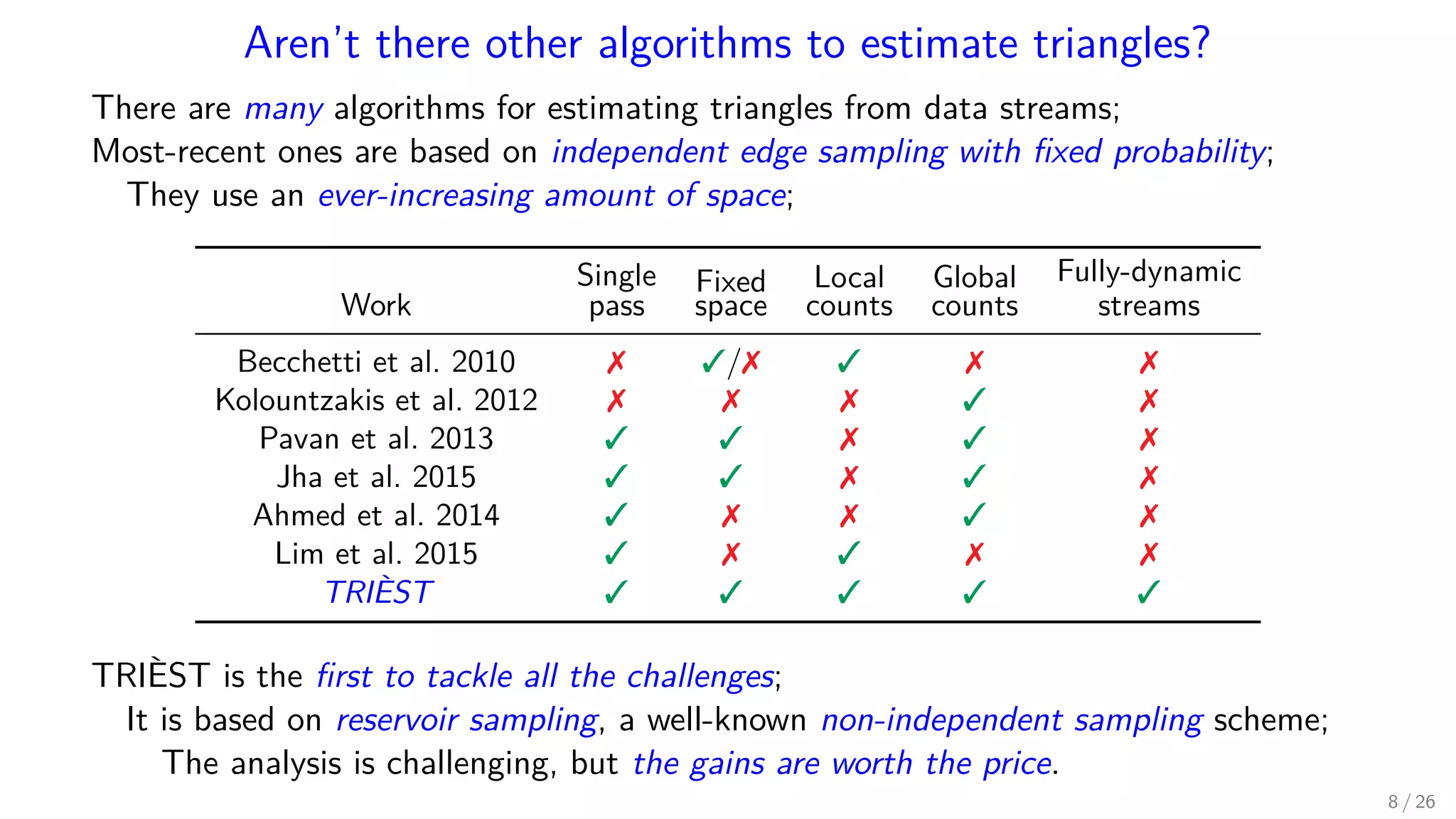 Aren’t there other algorithms to estimate triangles? There are many algorithms for estimating triangles from data streams; Most-recent ones are based on independent edge sampling with ﬁxed probability; They use an ever-increasing amount of space; Work Single pass Fixed space Local counts Global counts Fully-dynamic streams Becchetti et al. 2010 / Kolountzakis et al. 2012 Pavan et al. 2013 Jha et al. 2015 Ahmed et al. 2014 Lim et al. 2015 TRIÈST TRIÈST is the ﬁrst to tackle all the challenges; It is based on reservoir sampling, a well-known non-independent sampling scheme; The analysis is challenging, but the gains are worth the price. 8 / 26 