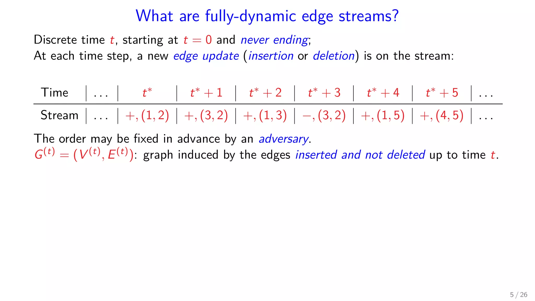 What are fully-dynamic edge streams? Discrete time t, starting at t = 0 and never ending; At each time step, a new edge update (insertion or deletion) is on the stream: Time . . . t∗ t∗ + 1 t∗ + 2 t∗ + 3 t∗ + 4 t∗ + 5 . . . Stream . . . +, (1, 2) +, (3, 2) +, (1, 3) −, (3, 2) +, (1, 5) +, (4, 5) . . . The order may be ﬁxed in advance by an adversary. G(t) = (V (t), E(t)): graph induced by the edges inserted and not deleted up to time t. 5 / 26 