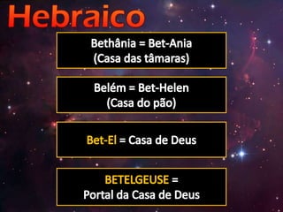 Bethânia = Bet-Ania(Casa das tâmaras)Belém = Bet-Helen(Casa do pão)Bet-El = Casa de DeusBETELGEUSE =Portal da Casa de Deus
