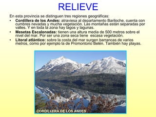 RELIEVE En esta provincia se distinguen tres regiones geográficas: Cordillera de los Andes:  atraviesa al departamento Bariloche, cuenta con cumbres nevadas y mucha vegetación. Las montañas están separadas por valles. Y en toda la zona hay lagos y lagunas. Mesetas Escalonadas:  tienen una altura media de 500 metros sobre el nivel del mar. Por ser una zona seca tiene  escasa vegetación. Litoral atlántico:  sobre la costa del mar surgen barrancas de varios metros, como por ejemplo la de Promontorio Belén. También hay playas. CORDILLERA DE LOS ANDES 