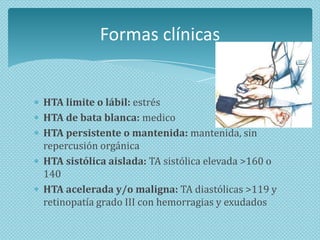 Formas clínicas

HTA limite o lábil: estrés
HTA de bata blanca: medico
HTA persistente o mantenida: mantenida, sin
repercusión orgánica
HTA sistólica aislada: TA sistólica elevada >160 o
140
HTA acelerada y/o maligna: TA diastólicas >119 y
retinopatía grado III con hemorragias y exudados

 