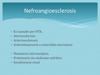 Nefroangioesclerosis

Es causado por HTA.
Ateroesclerosis
Arterioesclerosis
Arteriolonercoris o arteriolitis necrosarte
Hematuria microscópica,
Proteinuria sin síndrome nefrítico
Insuficiencia renal

 