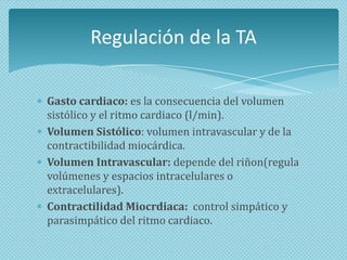 Regulación de la TA
Gasto cardiaco: es la consecuencia del volumen
sistólico y el ritmo cardiaco (l/min).
Volumen Sistólico: volumen intravascular y de la
contractibilidad miocárdica.
Volumen Intravascular: depende del riñon(regula
volúmenes y espacios intracelulares o
extracelulares).
Contractilidad Miocrdiaca: control simpático y
parasimpático del ritmo cardiaco.

 