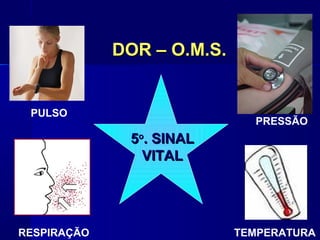 DOR – O.M.S.DOR – O.M.S.
55oo
. SINAL. SINAL
VITALVITAL
PULSO
TEMPERATURA
PRESSÃO
RESPIRAÇÃO
 