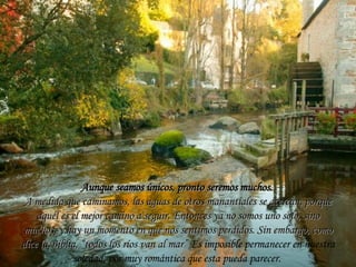 Aunque seamos únicos, pronto seremos muchos.   A medida que caminamos, las aguas de otros manantiales se acercan, porque aquél es el mejor camino a seguir. Entonces ya no somos uno solo, sino muchos, y hay un momento en que nos sentimos perdidos. Sin embargo, como dice la Biblia, “todos los ríos van al mar”  Es imposible permanecer en nuestra soledad, por muy romántica que esta pueda parecer.  