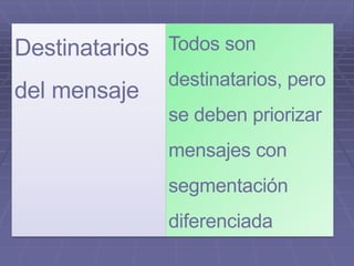 Destinatarios
del mensaje
Todos son
destinatarios, pero
se deben priorizar
mensajes con
segmentación
diferenciada
 