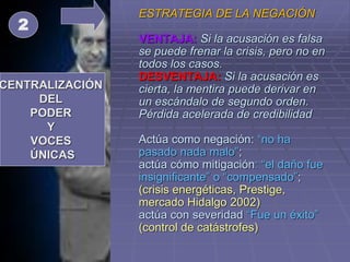 ESTRATEGIA DE LA NEGACIÓN
VENTAJA: Si la acusación es falsa
se puede frenar la crisis, pero no en
todos los casos.
DESVENTAJA: Si la acusación es
cierta, la mentira puede derivar en
un escándalo de segundo orden.
Pérdida acelerada de credibilidad
Actúa como negación: “no ha
pasado nada malo”;
actúa cómo mitigación: “el daño fue
insignificante” o “compensado”;
(crisis energéticas, Prestige,
mercado Hidalgo 2002)
actúa con severidad “Fue un éxito”
(control de catástrofes)
CENTRALIZACIÓN
DEL
PODER
Y
VOCES
ÚNICAS
2
 