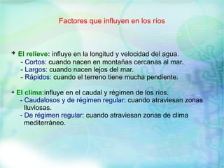 Factores que influyen en los ríos



➔   El relieve: influye en la longitud y velocidad del agua.
     - Cortos: cuando nacen en montañas cercanas al mar.
     - Largos: cuando nacen lejos del mar.
     - Rápidos: cuando el terreno tiene mucha pendiente.

➔   El clima:influye en el caudal y régimen de los ríos.
     - Caudalosos y de régimen regular: cuando atraviesan zonas
       lluviosas.
     - De régimen regular: cuando atraviesan zonas de clima
       mediterráneo.
 