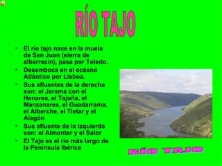 •   El río tajo nace en la muela
    de San Juan (sierra de
    albarracín), pasa por Toledo.
•   Desemboca en el océano
    Atlántico por Lisboa.
•   Sus afluentes de la derecha
    son: el Jarama con el
    Henares, el Tajuña, el
    Manzanares, el Guadarrama,
    el Alberche, el Tietar y el
    Alagón
•   Sus afluente de la izquierda
    son: el Almonter y el Salor
•   El Tajo es el río más largo de
    la Península Ibérica
 