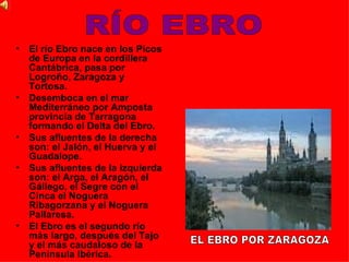 El río Ebro nace en los Picos de Europa en la cordillera Cantábrica, pasa por Logroño, Zaragoza y Tortosa. Desemboca en el mar Mediterráneo por Amposta provincia de Tarragona formando el Delta del Ebro. Sus afluentes de la derecha son: el Jalón, el Huerva y el Guadalope. Sus afluentes de la izquierda son: el Arga, el Aragón, el Gállego, el Segre con el Cinca el Noguera Ribagorzana y el Noguera Pallaresa. El Ebro es el segundo río más largo, después del Tajo y el más caudaloso de la Península Ibérica. RÍO EBRO EL EBRO POR ZARAGOZA 