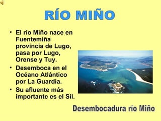 El río Miño nace en Fuentemiña provincia de Lugo, pasa por Lugo, Orense y Tuy. Desemboca en el Océano Atlántico por La Guardia. Su afluente más importante es el Sil.  RÍO MIÑO Desembocadura río Miño 