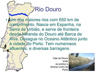 Um dos maiores rios com 650 km de comprimento. Nasce em Espanha, na Serra de Urbião, e serve de fronteira desde Miranda do Douro até Barca de Alva. Desagua no Oceano Atlântico junto à cidade do Porto. Tem numerosos afluentes, e diversas barragens. Rio Douro Vale do Douro onde se produz o famoso vinho do Porto 