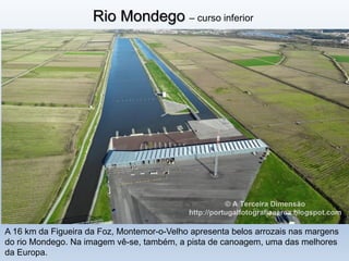 Rio Mondego – curso inferior
A 16 km da Figueira da Foz, Montemor-o-Velho apresenta belos arrozais nas margens
do rio Mondego. Na imagem vê-se, também, a pista de canoagem, uma das melhores
da Europa.
 