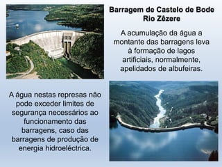 A água nestas represas não
pode exceder limites de
segurança necessários ao
funcionamento das
barragens, caso das
barragens de produção de
energia hidroeléctrica.
A acumulação da água a
montante das barragens leva
à formação de lagos
artificiais, normalmente,
apelidados de albufeiras.
Barragem de Castelo de Bode
Rio Zêzere
 