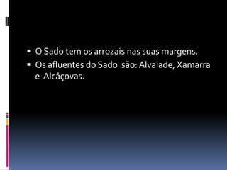 O Sado tem os arrozais nas suas margens.Os afluentes do Sado  são: Alvalade, Xamarra  e  Alcáçovas.