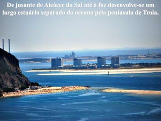 De jusante de Alcácer do Sal até à foz desenvolve-se um
largo estuário separado do oceano pela península de Troia.
 